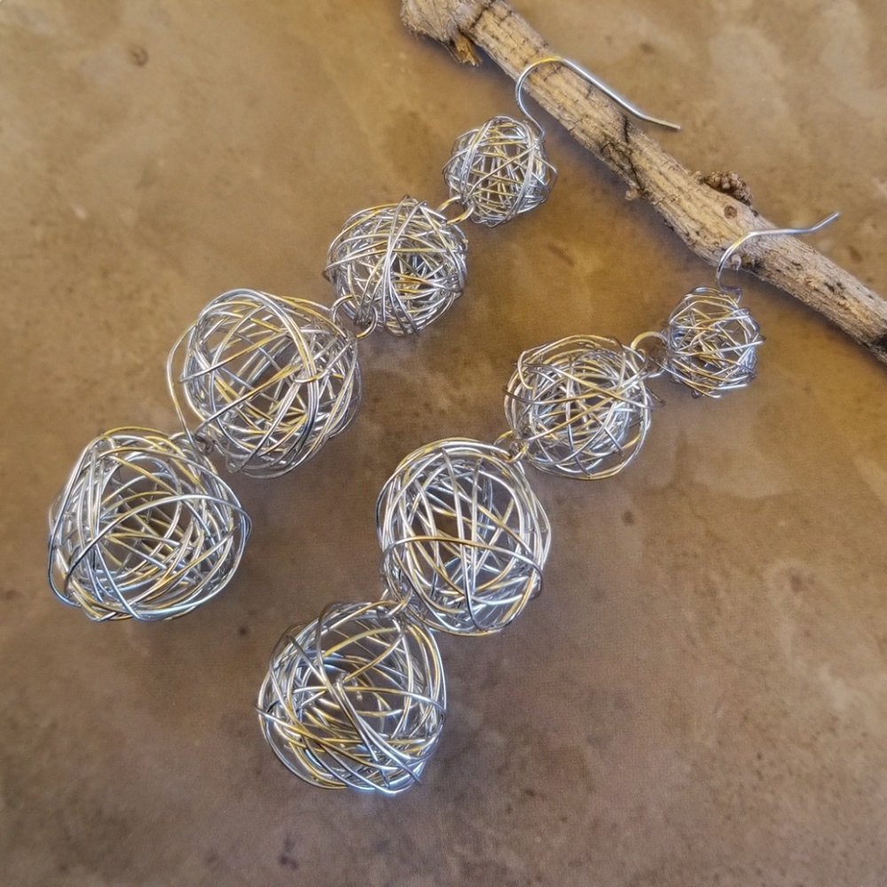 Artisian BoHo Silver Wire Spheres Luxe Earrings - Picture 3 of 5